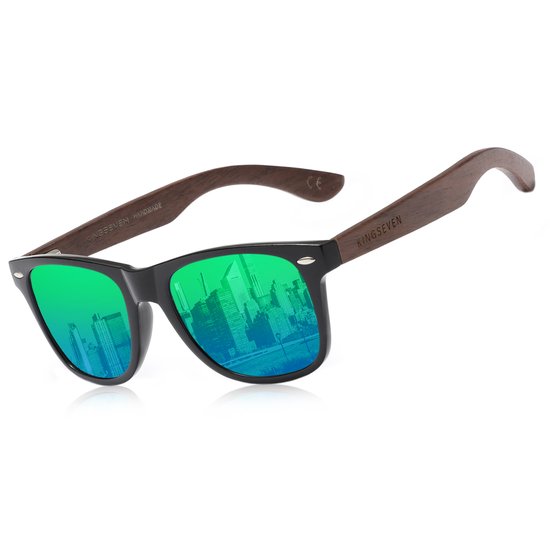 KINGSEVEN Heren Zonnebril UV400 - Houten Bruine pootjes met groene spiegelglazen - Gepolariseerd - N5520 van Kingseven