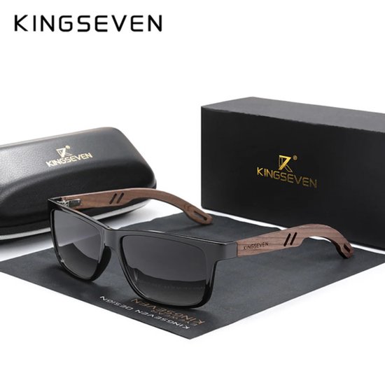 KINGSEVEN Heren Zonnebril UV400 - Houten Bruine pootjes met zwarte lichte spiegelglazen - Gepolariseerd - N5508