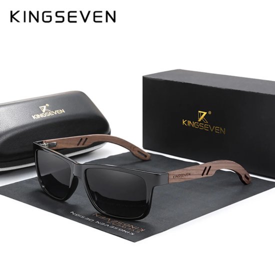 KINGSEVEN Heren Zonnebril UV400 - Houten Bruine pootjes met zwarte spiegelglazen - Gepolariseerd - N5508