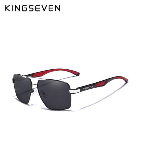 KINGSEVEN Heren Zonnebril - Zwart en Rode Pootjes Met Zwarte Spiegelglazen - N7719