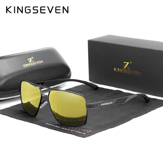 KINGSEVEN Unisex Zonnebril - Rechthoek model - Zwart Frame met Gele Lenzen & Luxe Verpakking van Kingseven