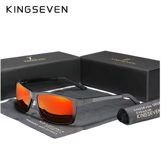 KINGSEVEN Zonnebril 7021 - Zwart-Rood – Heren - Vrouwen - Gepolariseerd - UV400 - Rechthoek van Merkloos