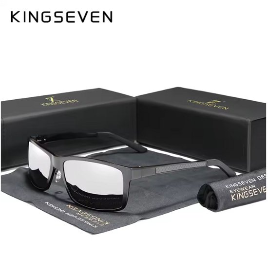 KINGSEVEN Zonnebril 7021 - Zwart-Zilverkleurig – Heren - Vrouwen - Gepolariseerd - UV400 - Rechthoek van Merkloos