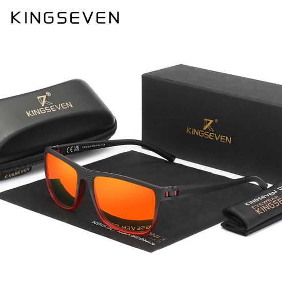 KINGSEVEN Zonnebril 755 - Zwart-Rood – Heren - Vrouwen - Gepolariseerd - UV400 - Rechthoek van Merkloos