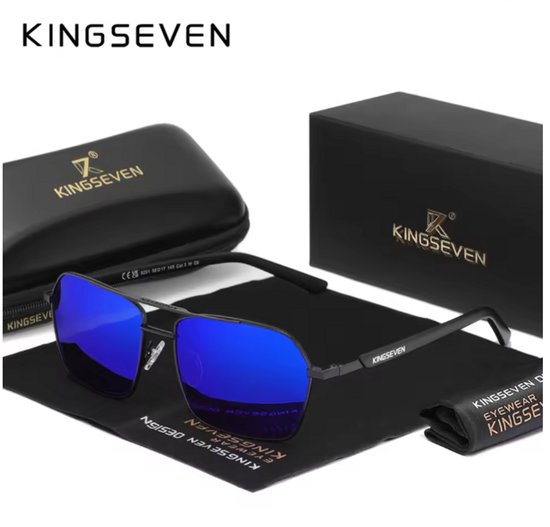 KINGSEVEN Zonnebril 9201 - Zwart-Blauw – Heren - Vrouwen - Gepolariseerd - UV400 - Spiegelend - Rechthoek van Merkloos