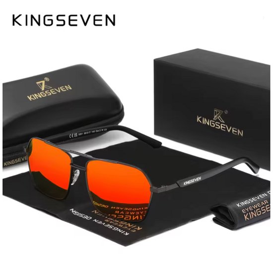 KINGSEVEN Zonnebril 9201 - Zwart-Rood - Heren - Vrouwen - Gepolariseerd - UV400 - Spiegelend - Rechthoek van Kingseven