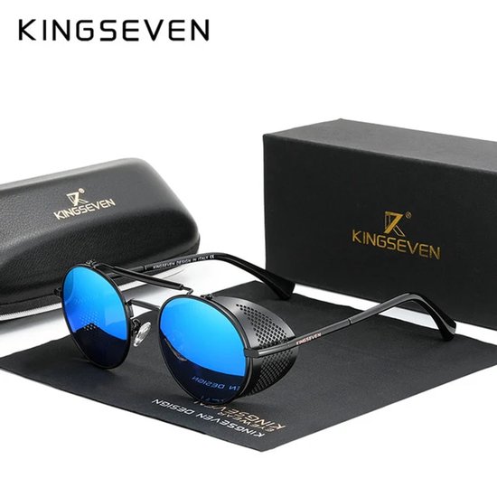 Kingseven Zonnebril - Blauwe Spiegelglazen - Rond donkergrijs montuur - Retro Steampunk Heren - N7550