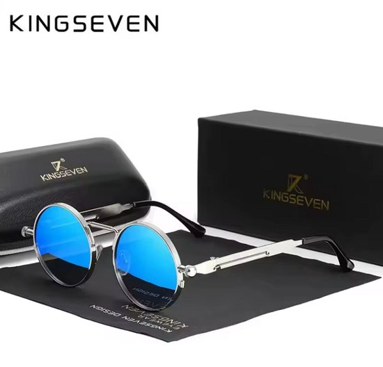 Kingseven Zonnebril - Blauwe Spiegelglazen - Rond Zilver Montuur - Retro Steampunk Heren - N7579 van Merkloos