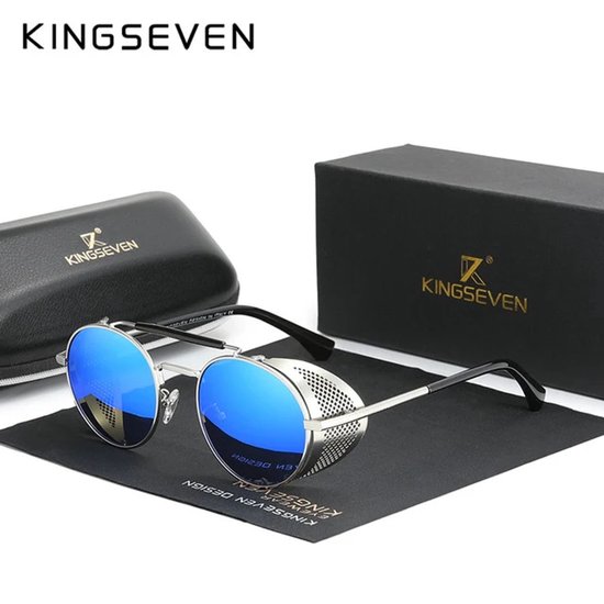 Kingseven Zonnebril - Blauwe Spiegelglazen - Rond zilverkleurig montuur -