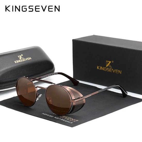 Kingseven Zonnebril - Bruine Spiegelglazen - Rond bruin montuur - Retro Steampunk Heren - N7550
