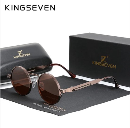Kingseven Zonnebril - Bruine Spiegelglazen - Ronde Montuur - Retro Steampunk Heren - N7579 van Merkloos