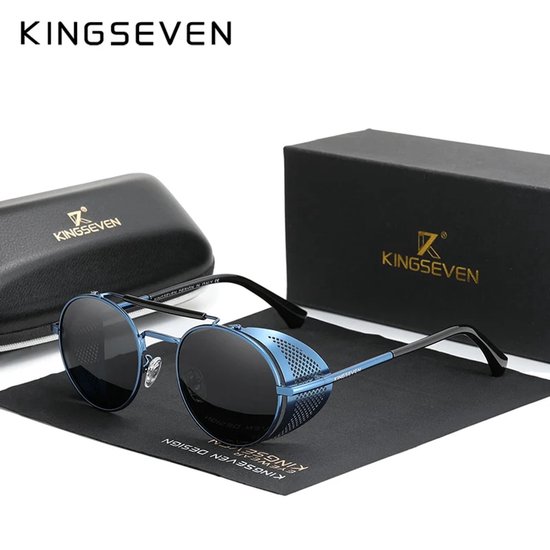 Kingseven Zonnebril - Zwarte Spiegelglazen - Rond blauw montuur - Retro Steampunk Heren - N7550