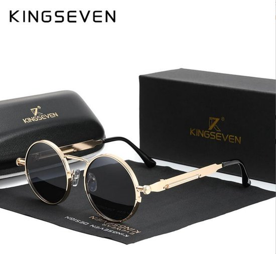 Kingseven Zonnebril - Zwarte Spiegelglazen - Rond Goud Montuur - Retro Steampunk Heren - N7579 van Merkloos