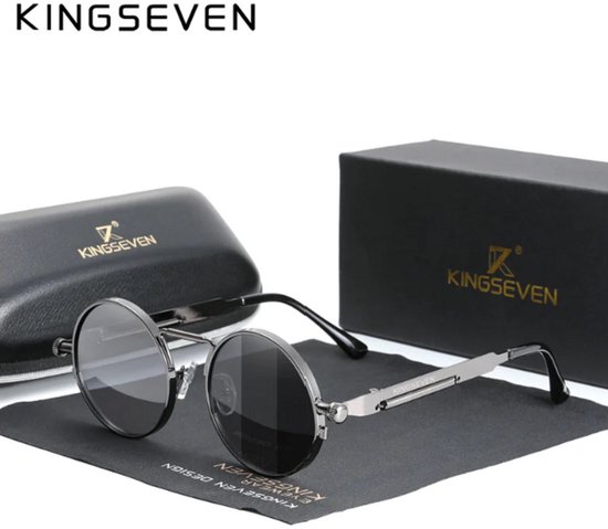 Kingseven Zonnebril - Zwarte Spiegelglazen - Rond Grijs Montuur - Retro Steampunk Heren - N7579 van Merkloos
