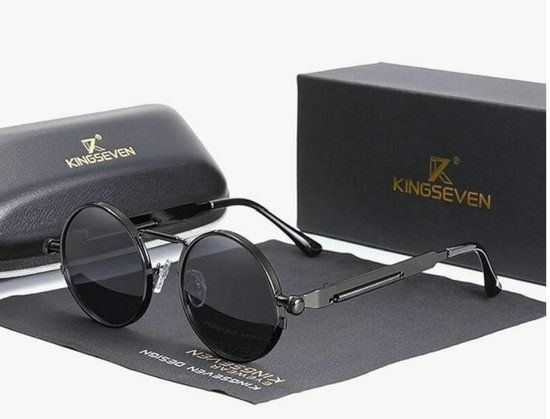Kingseven Zonnebril - Zwarte Spiegelglazen - Rond Zwart Grijs Montuur - Retro Steampunk Heren - N7579