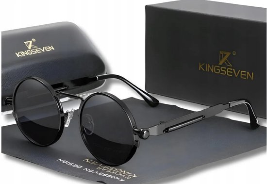 Kingseven Zonnebril - Zwarte Spiegelglazen - Rond Zwart Montuur - Retro Steampunk Heren - N7579 van Merkloos