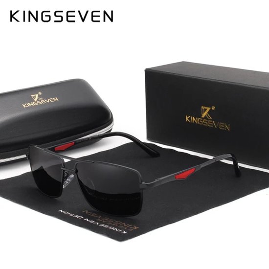 Kingseven Zwarte Rechthoekige Zonnebril voor Heren – Rode Details met Donkere Glazen – 7906