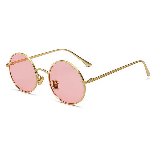 Kleine ronde zonnebril, hippie-stijl, metallic, unisex (goudkleurig montuur, roze glazen)