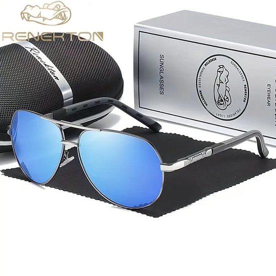 K&R Zonnebril - Piloten Zonnebril - Gepolariseerd - Dames / Heren - Unisex - met Volledig Cadeaupakket - grijs Frame en blauwe glazen van Merkloos