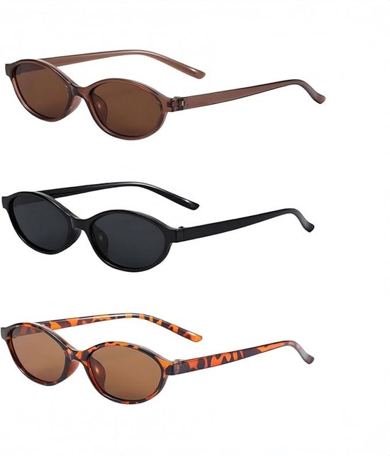 KZQ Set van 3 Retro Ovale Kattenoog Zonnebrillen voor Dames Jaren 90 Trendy Smal Frame UV400 Bescherming Lichtgewicht Tinten voor Auto Strand Feest Buiten