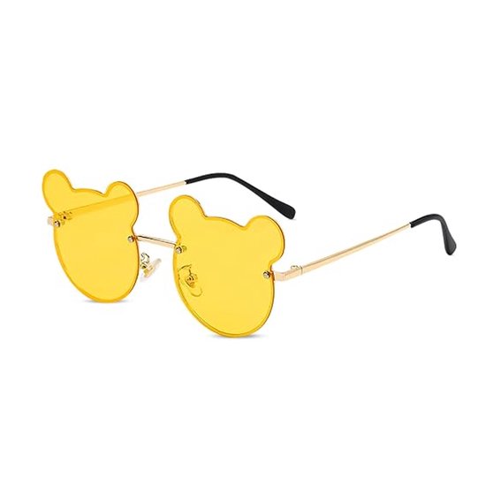 Leuke zonnebril met beertje Geschikt voor kinderen, unisex, UV400, glazen met kleurverloop, metalen montuur, ronde bril met berenoortjes, anti-reflecterend, perfect Geschikt voor strand- en buitenfotografie (geel).