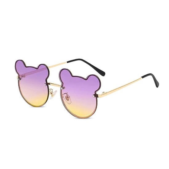 Leuke zonnebril met beertje Geschikt voor kinderen, unisex, UV400, glazen met kleurverloop, metalen montuur, ronde bril met berenoortjes, anti-reflecterend, perfect Geschikt voor strand- en buitenfotografie (paars + geel).