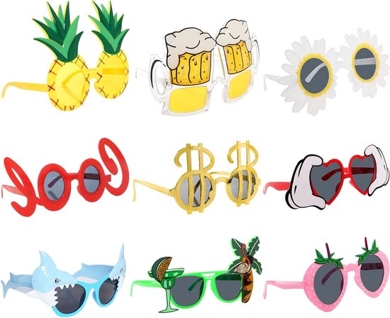 Leuke Zonnebrillen voor Feesten, 9 Paar Hawaii Stijl, Zomerpatroon, Ideaal voor Kinderen en Volwassenen, Perfect voor Strand en Themafeesten