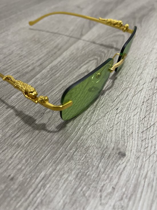 Lgeura Randloze Zonnebril unisex - Groen met Gouden Poot & Panterdetail - Luxe UV400 Bescherming - Fashion Accessoire van Lgeura