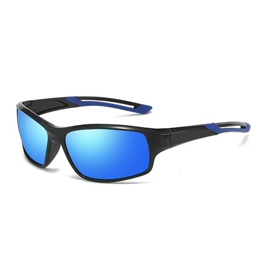 LISM-Gepolariseerde zonnebril, Geschikt voor sport. Biedt UV-bescherming en heeft meekleurende eigenschappen (glanzend zwart, blauwe pootjes en kwikblauw).