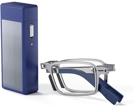 LISM-Opvouwbare leesbril - Metalen opvouwbare rechthoekige draagbare leesbril - Klein, klassiek, compact, blauwlichtfilterende bril met harde lenskap - (2,0 dioptrie)