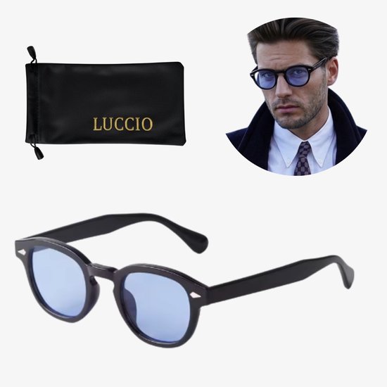 Luccio Indigo - Zonnebril - Blauwe glazen - Zwart frame - Zwart acetaat montuur - Modern - Panto-vorm - Rond - Ovaal - Authentieke Vintage look van Merkloos
