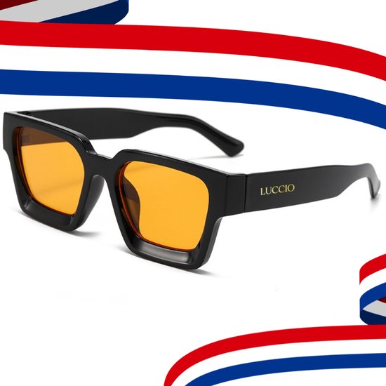Luccio - Koningsdag bril - Oranje bril - Koningsdag accessoires - Luxueuze Trendy Vierkante Zonnebril - Zwart - Unisex - UV400 - Oranje Glazen - Koningsdag - Kingsday van Merkloos