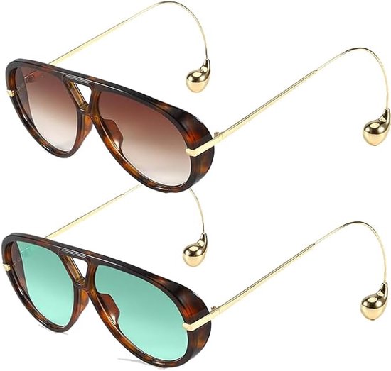 Luxe Aviator Zonnebril - 2 Stuks - Retro Pilotenbril met Unieke Druppel Pootjes - Oversized Festival Bril - Piloten Zonnebril - Sunglasses - Gepolariseerde - UV400 Bescherming - Unisex - Bruin & Blauw Glazen - Stijlvolle Aviator Bril - SOLLBRY® van Luxe