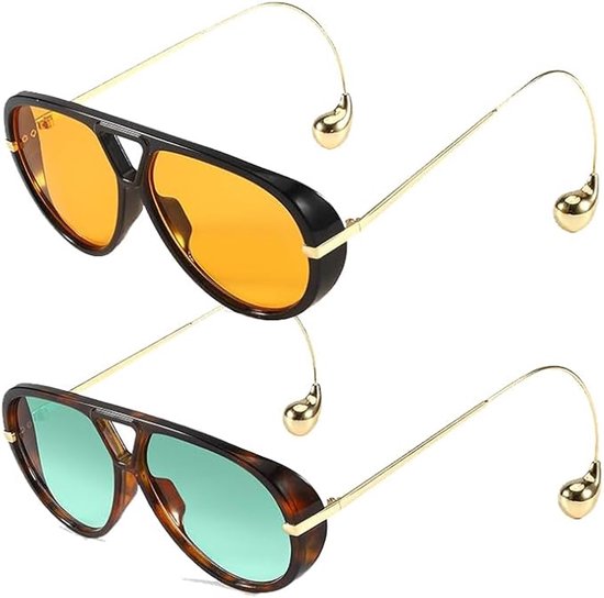 Luxe Aviator Zonnebril - 2 Stuks - Retro Pilotenbril met Unieke Druppel Pootjes - Oversized Festival Bril - Piloten Zonnebril - Sunglasses - Gepolariseerde - UV400 Bescherming - Unisex - Oranje & Blauw Glazen - Stijlvolle Aviator Bril - SOLLBRY® van Luxe