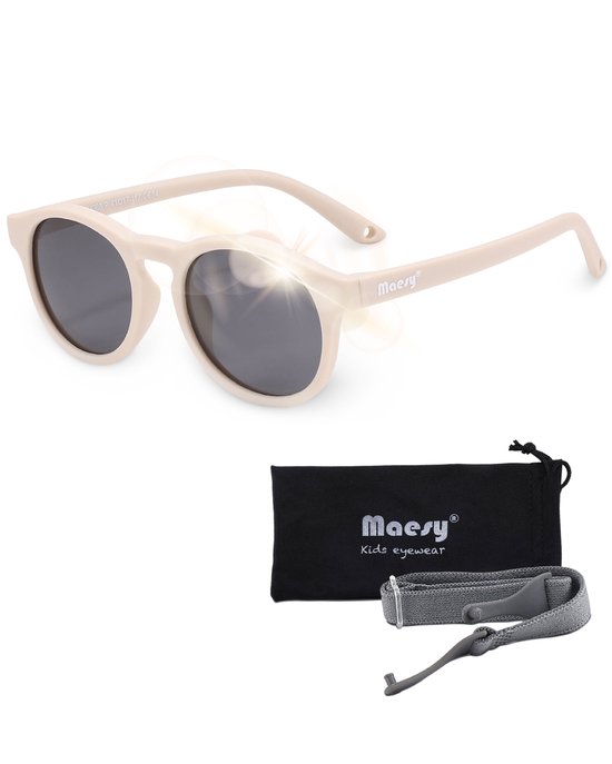 Maesy - baby zonnebril Bowi - 1-3 jaar - flexibel buigbaar - verstelbaar elastiek - gepolariseerde UV400 bescherming- dreumes en peuter - jongens en meisjes - kinder zonnebril rond - beige ecru van Maesy