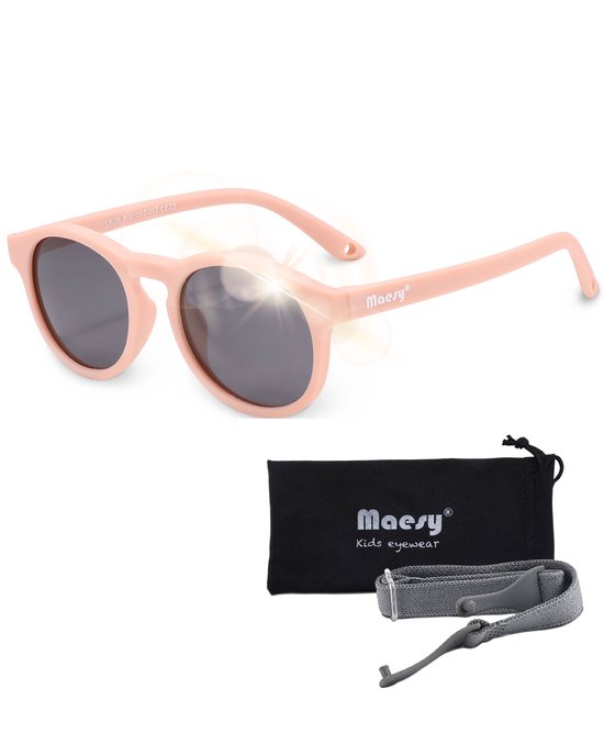 Maesy - baby zonnebril Bowi - 1-3 jaar - flexibel buigbaar - verstelbaar elastiek - gepolariseerde UV400 bescherming- dreumes en peuter - jongens en meisjes - kinder zonnebril rond - licht roze van Maesy