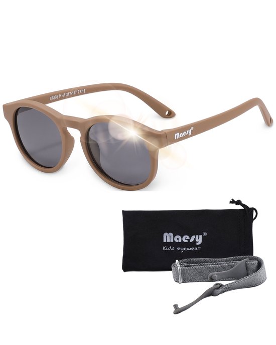 Maesy - baby zonnebril Bowi - 1-3 jaar - flexibel buigbaar - verstelbaar elastiek - gepolariseerde UV400 bescherming- dreumes en peuter - jongens en meisjes - kinder zonnebril rond - taupe bruin van Maesy
