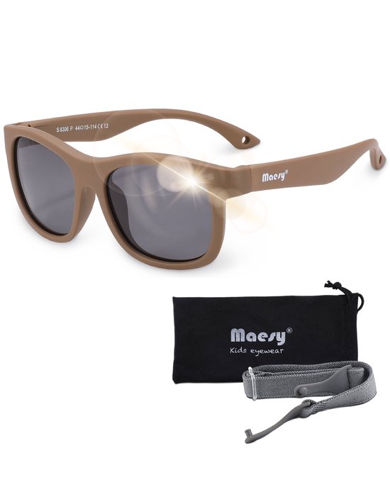 Maesy - baby zonnebril Luca - 1-3 jaar - flexibel buigbaar - verstelbaar elastiek - gepolariseerde UV400 bescherming- dreumes en peuter - jongens en meisjes - kinder zonnebril vierkant - taupe bruin van Maesy