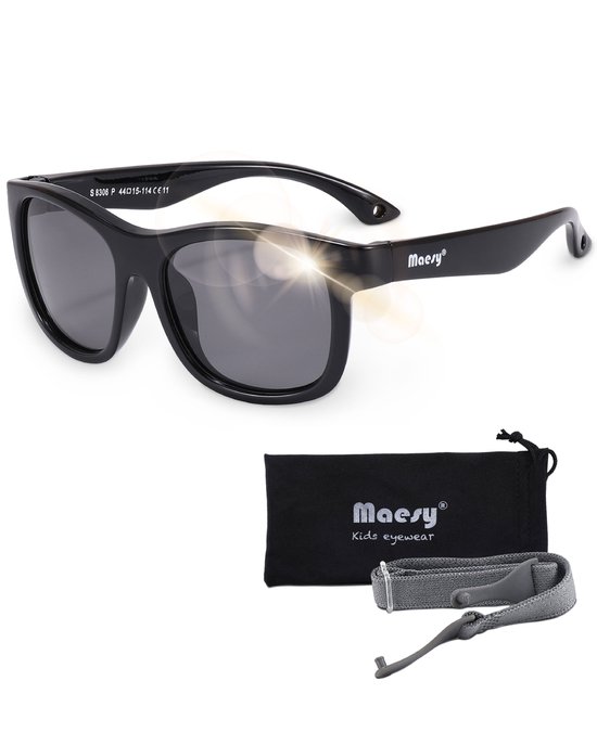 Maesy - baby zonnebril Luca - 1-3 jaar - flexibel buigbaar - verstelbaar elastiek - gepolariseerde UV400 bescherming- dreumes en peuter - jongens en meisjes - kinder zonnebril vierkant - zwart van Maesy