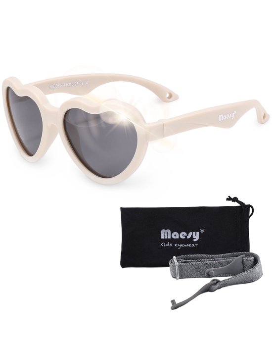 Maesy - baby zonnebril Maes - 0-2 jaar - flexibel buigbaar - verstelbaar elastiek - gepolariseerde UV400 bescherming - jongens en meisjes - hartvormige babyzonnebril - beige ecru van Maesy