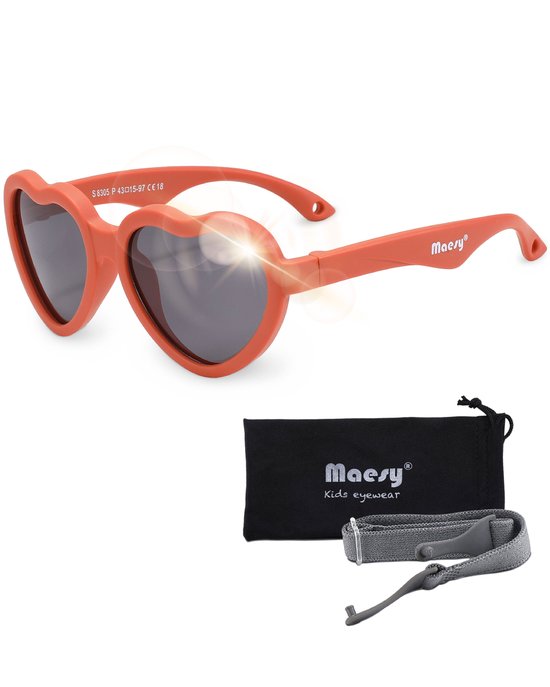Maesy - baby zonnebril Maes - 0-2 jaar - flexibel buigbaar - verstelbaar elastiek - gepolariseerde UV400 bescherming - jongens en meisjes - hartvormige babyzonnebril - terracotta brique van Maesy