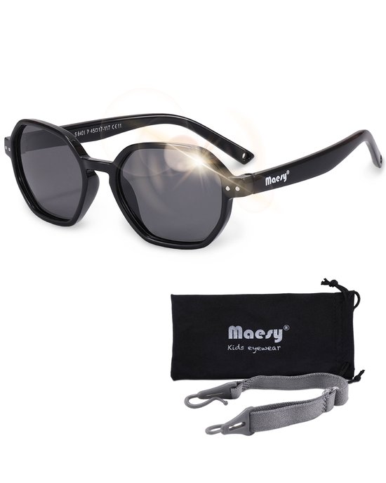 Maesy - baby zonnebril Yana - 1-3 jaar - flexibel buigbaar - verstelbaar elastiek - gepolariseerde UV400 bescherming- dreumes en peuter - jongens en meisjes - kinder zonnebril hexagon - zwart van Maesy