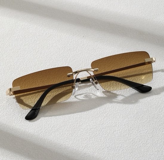 [MARSZONEBRILLEN]-[Randloze Zonnebrillen] -[Zonnebril Heren]-[Zonnebril Dames]-[Rechthoek Ultra-Kleine Frame Zonnebril]-[Bruin] van MARSZONEBRILLEN