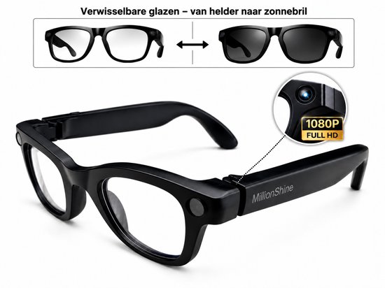 MillionShine Ai Smart Glasses - 8MP - Ai Slimme Zonnebril - 1080p Full Hd Spycam - Lichtgewicht 42g - Vertaalfunctie - Smartglasses met Bluetooth - Blauw Licht Filter Glazen en Zwarte Glazen - Wifi - Met 64GB SD Kaart