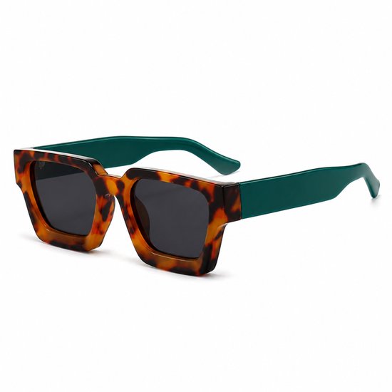 MoodLux Zonnebril Groen - Unisex - Rechthoekig Montuur met Oranje Glazen - Retro Festivalbril - UV400 Bescherming