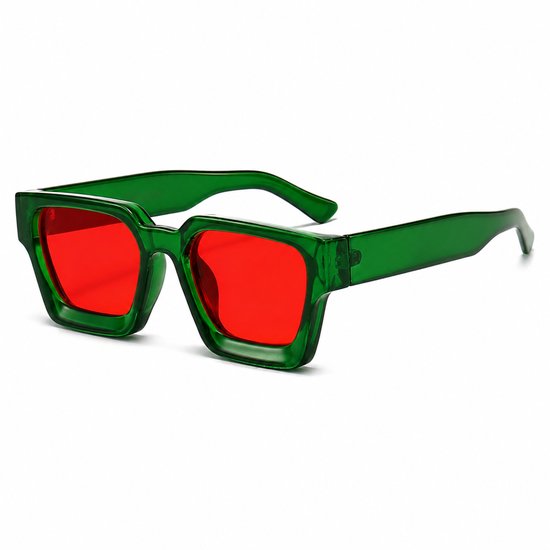 MoodLux Zonnebril Groen - Unisex - Rechthoekig Montuur met Rode Glazen - Retro Festivalbril - UV400 Bescherming - C20