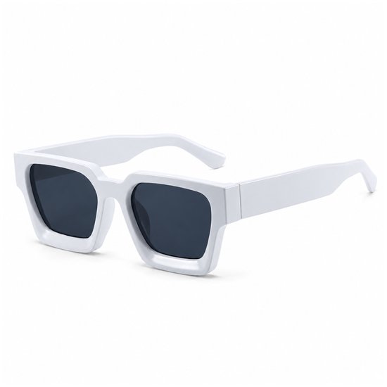 MoodLux Zonnebril Wit - Unisex - Rechthoekig Montuur met Zwarte Glazen - Retro Festivalbril - UV400 Bescherming