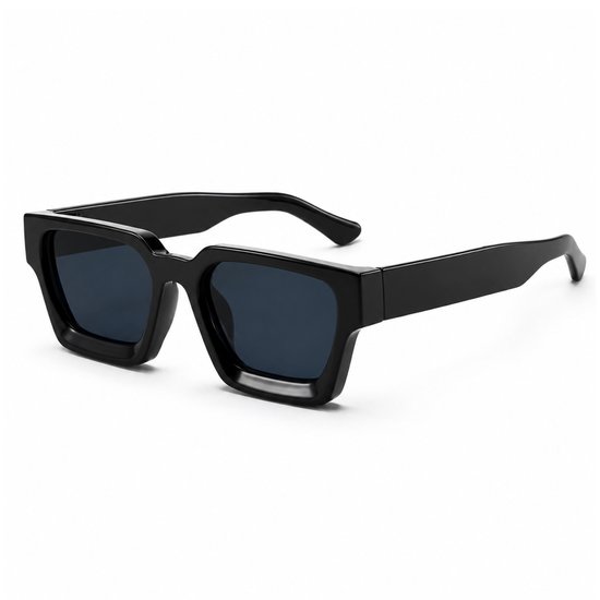MoodLux Zonnebril Zwart - Unisex - Rechthoekig Montuur met Donkerblauwe Glazen - Retro Festivalbril - UV400 Bescherming - C1