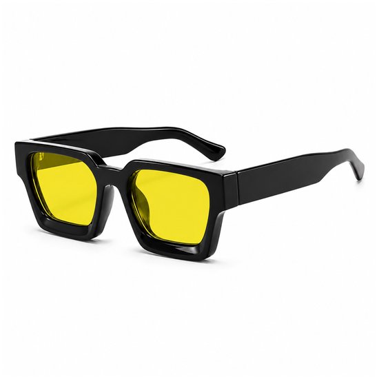 MoodLux Zonnebril Zwart - Unisex - Rechthoekig Montuur met Gele Glazen - Retro Festivalbril - UV400 Bescherming - C13