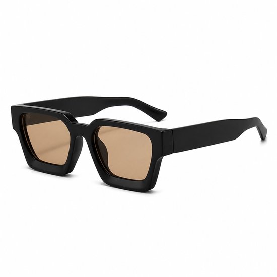 MoodLux Zonnebril Zwart - Unisex - Rechthoekig Montuur met Lichtbruine Glazen - Retro Festivalbril - UV400 Bescherming - C19
